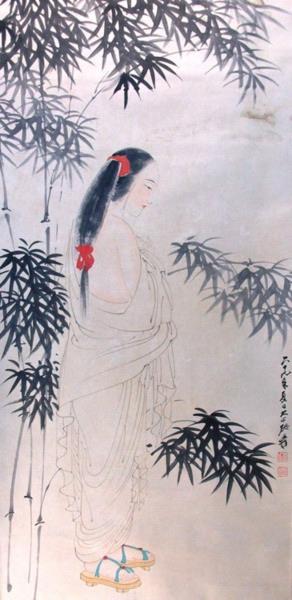 Chang dai chien beauty in red hair kerchief wooden shoes white robe bamboos 1980 traditional Chinese Oil Paintings
